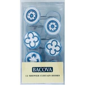 Ceramic Shower Curtain Hooks Set of 12 White Blue Flower Decal NEW